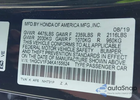 2019 Honda Accord Sport из США, поврежденный, VIN 1HGCV1F34KA155624